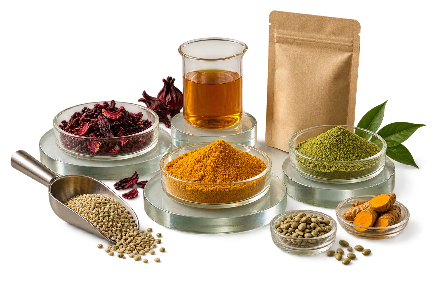 Botanical powders, seeds, dried petals, tea and a sample pouch arranged for product development
